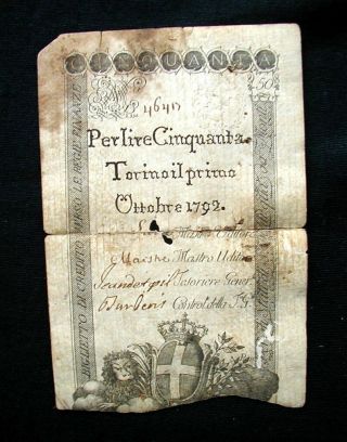 1792 Italy Kingdom Of Sardinia Savoy Rare Banknote Assignat 50 Lire
