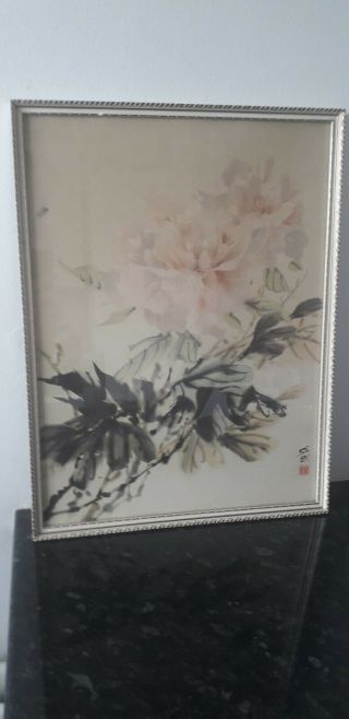 Vintage Framed Signed Japanese Oriental Print Flowers & Bee
