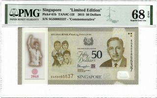 Singapore 50 Dollars 2015,  P - 61b,  Pmg 68 Epq Gem Unc Rare Grade Commem.
