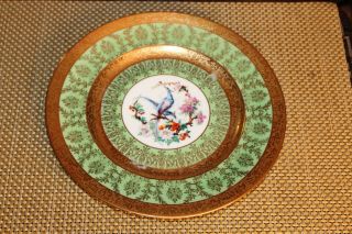 Antique Mintons England Dinner Plate 6 Green Color 24k Gold Trim Colorful Bird