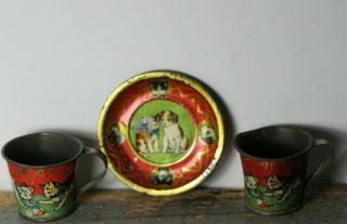 Antique C.  1900 Victorian Child’s Toy Tin Lithograph Dogs & Cats Cups & Saucer