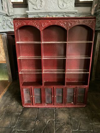 Vintage Miniature Dollhouse Cherry Wood Wall Shelving Unit Glass Shelves & Doors 2