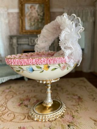 Vintage Miniature Artisan Dollhouse Embellished Silk Lace Egg Baby Girl Bassinet