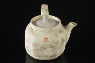 X1838: Japanese Banko - Ware Landscape Poetry Muffle Painting Teapot Kyusu Sencha
