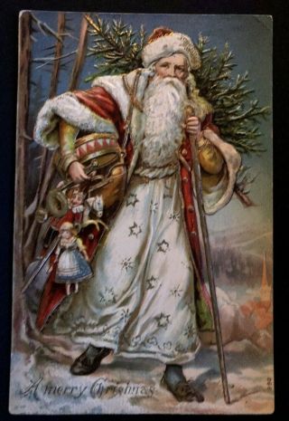 Rare Long Fancy Red Robe Santa Claus Antique Embossed Christmas Postcard - B106