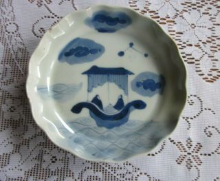 Antique Chinese Blue & White Hand Painted Porcelain Shallow Bowl