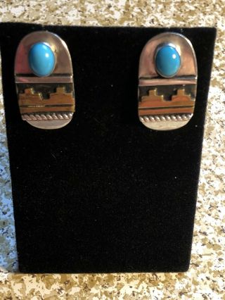 Lg Navajo Indian Sterling Turquoise Rare Hand Stamped Post Earrings T.  Singer