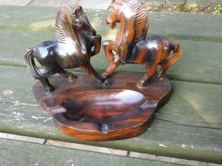 Vintage Hand Carved Wooden Ashtray / Trinket Dish Horses 7.  5 X 6 "