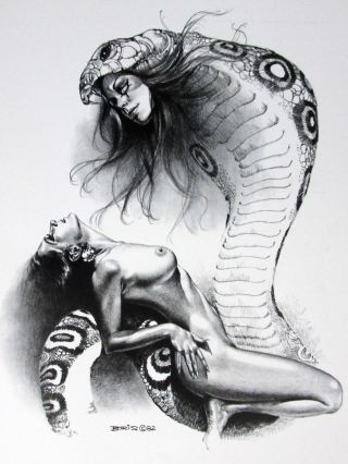 Boris Vallejo Vintage Art Nude Woman Riding Snake Fantasy Print Cobra Fangs 1982