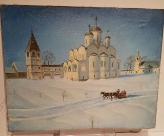 Vintage Russian Oil On Canvas.  Winter Scene.  Artist Signed.