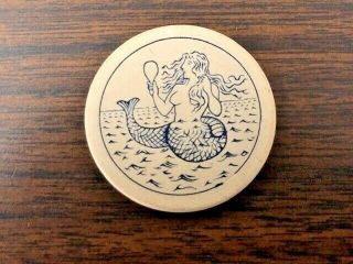 Antique Clay Poker Chip,  Engraved Mermaid,  Old,  Rare Gaming,  Gambling Chip