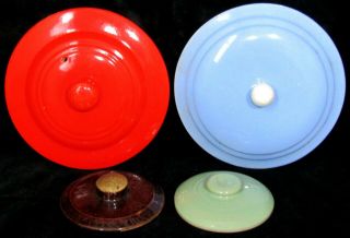 4 Vintage/antique Stoneware Cookie Jar Or Bean Crock Lids - Blue,  Red,  Green