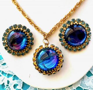 Rare Signed Carnegie Necklace & Earring Set Rhinestone Convex Glass Purple Evc