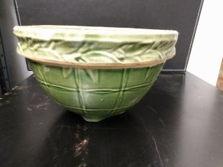 Antique Green Yelloware Bowl 7 Inch Window Pane Pottery Stoneware Salt Glaze