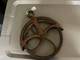 Antique Well Wheel Pully - Primitive Cast Iron W/ Swivel Hook
