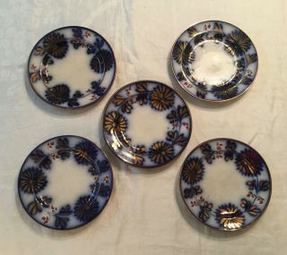 5 Antique Flow Blue With Gold Trim 8 1/2” Dia.  Plates - Allerton & Sons England?