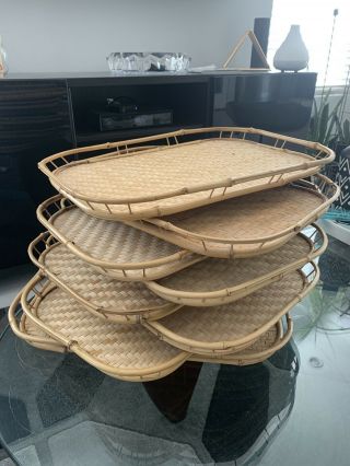 Set Of 8 Vintage Bamboo Woven Rattan Wicker Tiki Bar Serving Trays 19 X 13