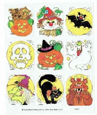 Rare Vintage Sheet Stickers Drawing Board Halloween Cute Monsters Bat Skull Jol