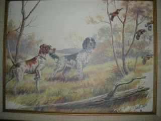 Rare Fine Art Painting Two Hunting Dogs In The Woods Framed Signed Lowell Davis