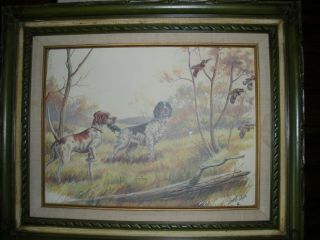 Rare Fine art painting Two Hunting Dogs in the Woods framed signed Lowell Davis 2