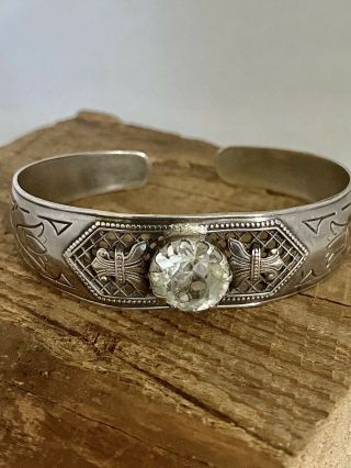 Antique Art Nouveau Sterling Silver Cuff Bracelet Clear Stone Pat.  Pending 16.  2g