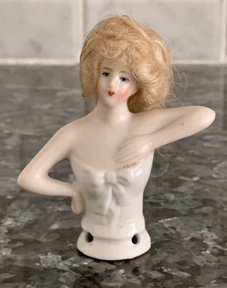 Antique German Porcelain Lady Pin Cushion Half Doll W Mohair Wig 2 1/4”