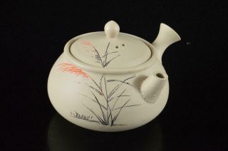 Z1643: Japanese Banko - Ware Unglazed Earthenware Flower Poetry Sculpture Teapot