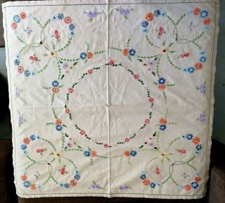 Pretty Vintage Mocha Linen Table Cloth - Hand Embroidered Bright Daisy Chains