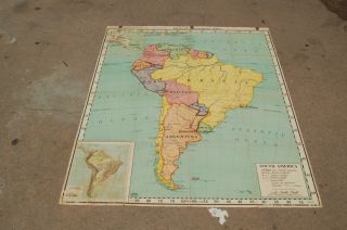 Vintage A.  J.  Nystrom Canvas Map Classroom School South America 52x43