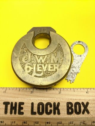Vintage Antique J.  W.  M 6 Lever Push Key Pancake Padlock With Key