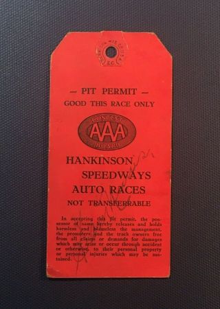 Rare Hankinson Speedways Auto Race Pit Pass