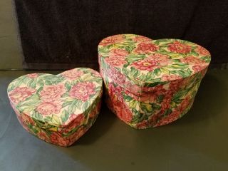 2 Vintage Heart Shaped Nesting Boxes Paper Mache Green Pink Roses