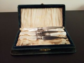 Vintage Flatware - Set Of 5 Cheese Knives Mother Of Pearl Handle Sterling Collar