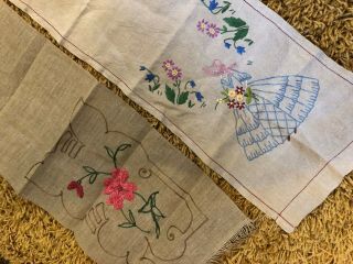 Vintage Embroidered Crinoline Lady & Flower Basket Linen Table Runner X2