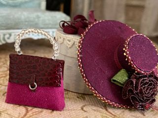 Vintage Miniature Dollhouse Artisan Wine Red Silk Hand Bag,  Ladies Hat & Hat Box