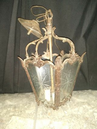Antique Vintage Hanging Ceiling Light Etched Glass Spain Brass? Bronze?