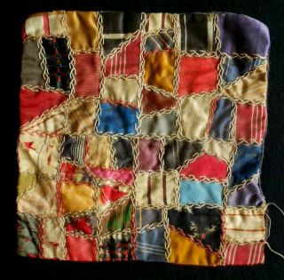Victorian Vintage Miniature Crazy Quilt,  Silks W/ Feather Stitching,  8 " Sq,  Doll
