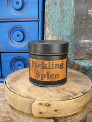 Early Antique Pantry Tin Black Milk Paint Pickling Spice Label