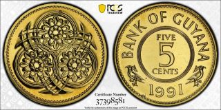 1991 Guyana 5 Cent Pcgs Sp67 Extremely Rare King 
