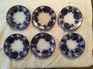 6 Antique Flow Blue With Gold Trim 7 1/2” Dia.  Bowls Unmarked /charles Allerton?