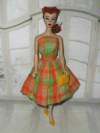 Vintage Barbie Clone PREMIER 78 PLAID DAY DRESS,  YELLOW PURSE & HEELS 2