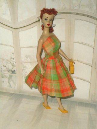 Vintage Barbie Clone PREMIER 78 PLAID DAY DRESS,  YELLOW PURSE & HEELS 3