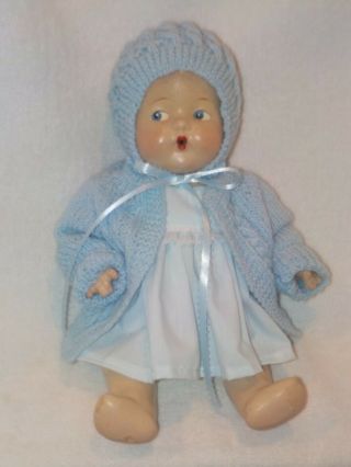 Antique 12 " Composition Baby Doll In Blue Knit Sweater