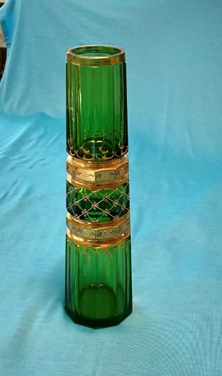 Antique Bohemian Emerald Green Glass Vase,  Hand Painted With Gold