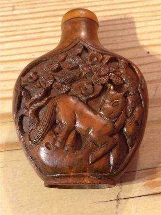 Antique Small Oriental Chinese Carved Wooden Snuff Perfume Bottle With Lid 6cm