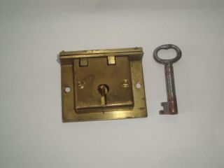Old Vintage Brass Lock & Key For Box Or Cabinet