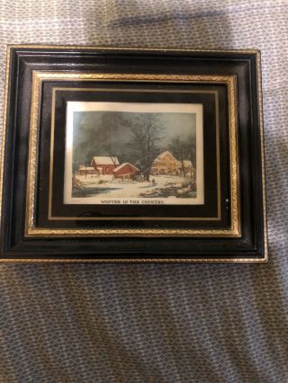 Vintage Currier And Ives Print Winter In The Country Scene Etching