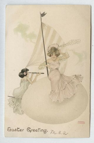 Antique 1908 Artist Signed Raphael Kirchner Art Nouveau Ladies Easter Postcard