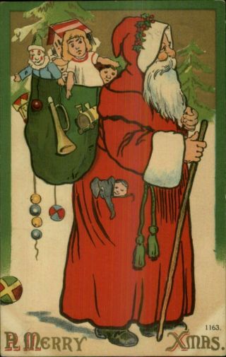 Christmas - Long Red Robe Santa Claus With Big Sack Of Toys Antique Postcard - A13