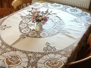 Antique Vintage White Linen And Lace Round Tablecloth